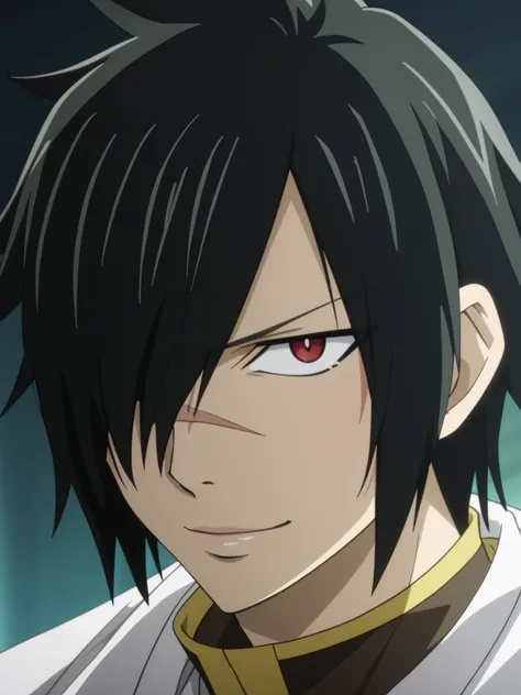 rogue_cheney, black hair, red eyes, hair over one eye, scar tattoo close-up, official style, ((anime screencap)), 8K, extremely detailed, 1boy, solo, looking at viewer, black background , shadow  , atmospheric perspective , intricately detailed , depth of ...