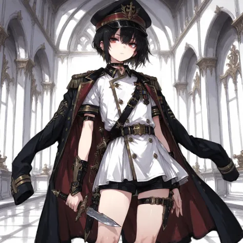 ((Best Quality)), ((masterpieces)), (detailed), Perfect Face, SOLO, ((femboy)), tomgirl, ANIME, beautiful detailed eyes, BOB hair, BOBed hair, black hair, RED EYES, BARE thighs, (((BARE LEG))), ((BLACK short pants)), (((white dress shirt))), ((Flat chest))...