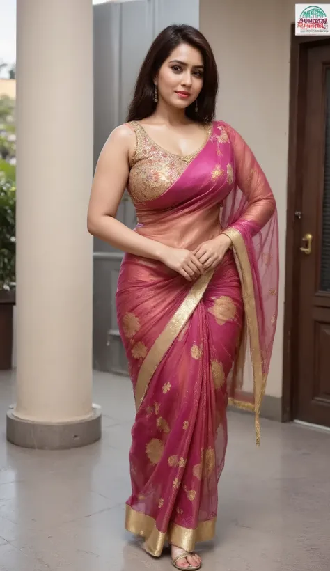 A gorgeous young Bengali lady stands gracefully, draped in a vibrant silk saree with traditional Jamdani or Banarasi motifs, the rich fabric flowing elegantly around her. Her blouse is a perfect blend of classic and contemporary Bengali design-fitted and s...