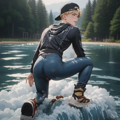 score_9, score_8_up, score_7_up, score_6, (masterpiece), best quality, on the beach Slim sporty boy 1boy, wearing hoodie, 1boy, (is squatting, Legs lowered :1.1), (((Panty Poop ,nsfw)), internal, 1boy, blonde hair, (short bob, crew cut,),, wide shoulder ,t...