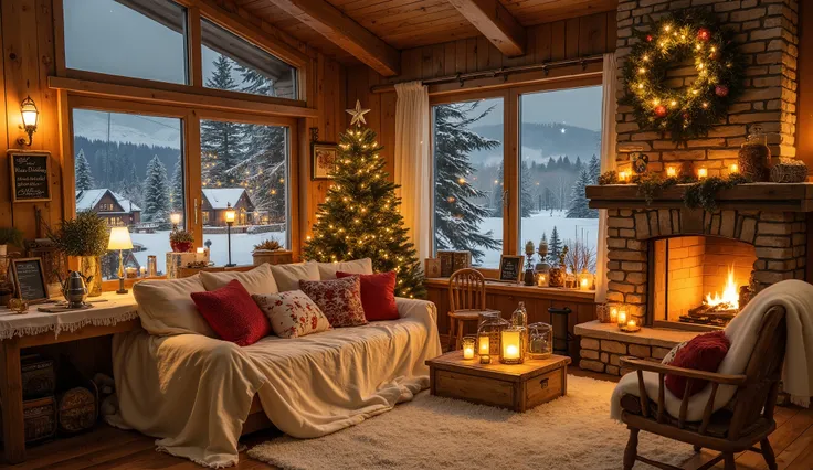 Warm room with a white blanket, with pillows and blankets hugging the pillow , cozy wallpaper, nơi cozy, phòng cozy , cozy environment,distant landscape painting with reverse view , warm chalet in warm light yellow tones , there is a built-in modern firepl...