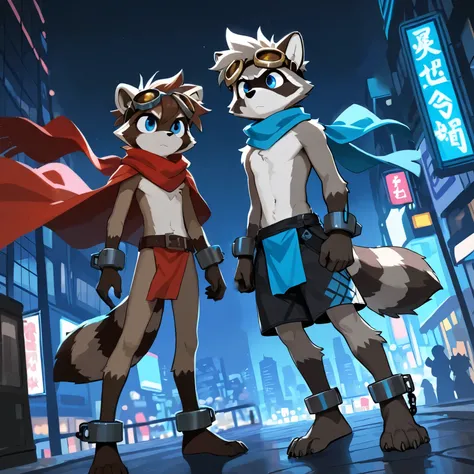 furry, raccoon, grey body, spiked brown hair, Detailed body fur, long blue scarf, , black baggy shorts, blue loincloth, goggles, masterpiece, gray body, Detailed face, big eyebrows, blue eyes, detailed eyes, No muscles, Detailed hands, Flat body, Skinny, D...