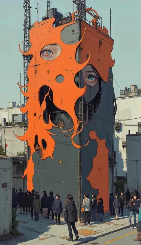 The spectacular mural covering the side of the building, 鮮やかな色とシャープなラインの鮮やかinダイナミックな構図が見られます. The work is 、spectacular murals covering the sides of the building, Fire creature, life, artistic sense It is fused with urban life, oranges, Red. , including mod...