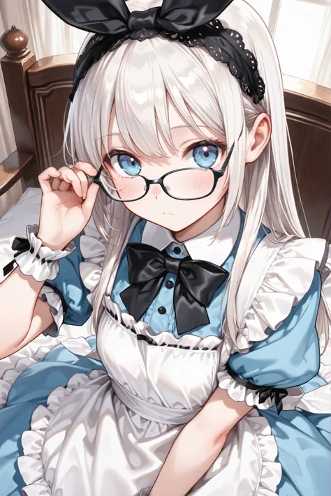 ((Masterpiece)),((best quality)),((incredibly absurdres)),((8K)),(semi realistic),
1 girl,solo,young female,aged up,kawaii,white hair,long hair,straight hair,blue eyes,small breasts,
alice in wonderland inspired maid dress, classic Victorian blue dress wit...