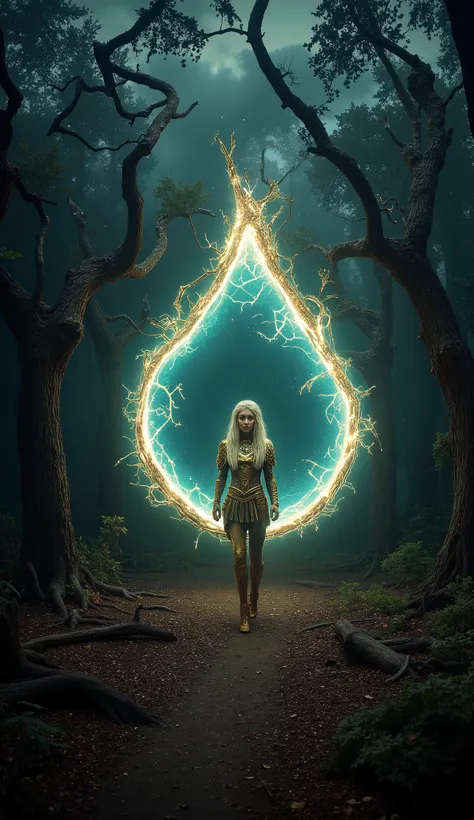 In a dark, dense forest with twisted trees and a mysterious fog, a glowing interdimensional rift has appeared, shaped like a large tear with crackling, luminous edges. Inside the rift glows a bluish-white light, illuminating the surroundings. Emerging from...