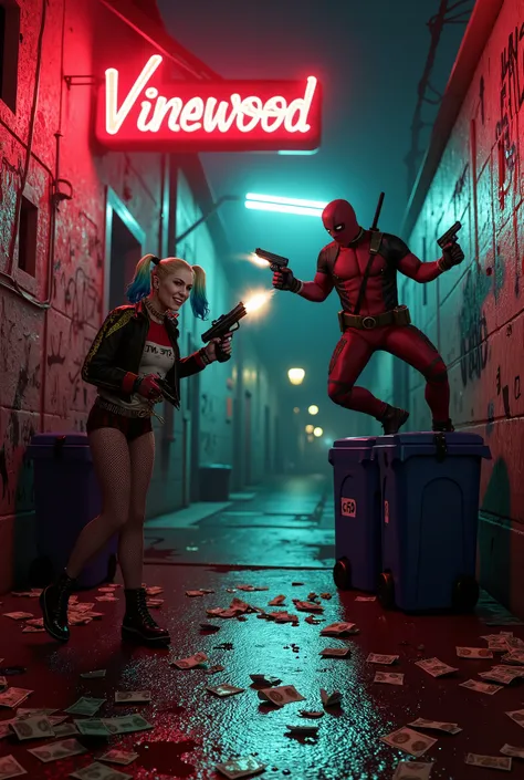 "Los Santos alley at night, wet floor with graffiti walls and scattered cash. Harley Quinn in a torn leather jacket shoots a submachine gun, smirking. Deadpool jumps over trash cans, dual-wielding pistols. Neon 'Vinewood' sign reflects blood on walls, smok...