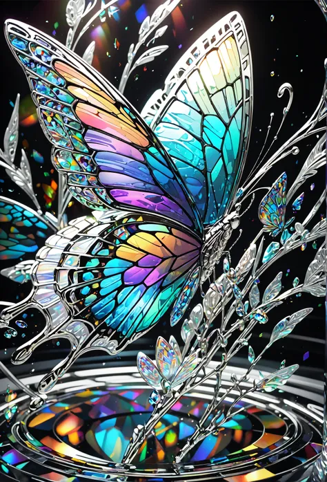 stained glass style butterfly, a work of art carved from pearl platinum crystal, (ultra detailed, absolutely resolution, best quality:1.3), 2.5D, delicate and dynamic effects, iridescent lighting effects, artistic photography, hyper realistic
