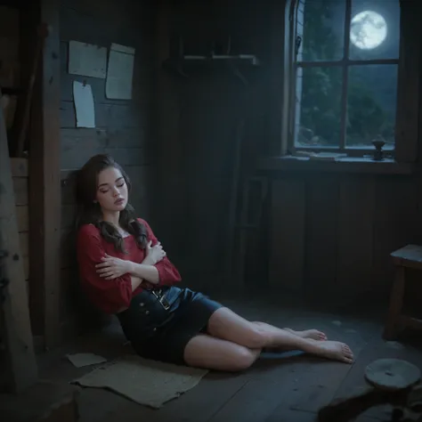 A girl，sitting in a shabby wooden house，Interior at night， brown curls ，off-the-shoulder red shirt top，in a tight black skirt，Barefoot，sits on the ground，Pitiful，shivering，