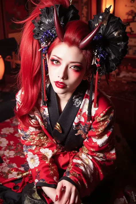 artist photoshoot,looking down,dynamic angle,1 girl,heavy makeup,oiran,at night,mysterious lighting,she have two long (red and black) spiky horns on her forehead