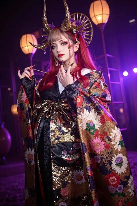 artist photoshoot,looking down,dynamic angle,1 girl,heavy makeup,oiran,at night,mysterious lighting,she have two long (red and black) spiky horns on her forehead