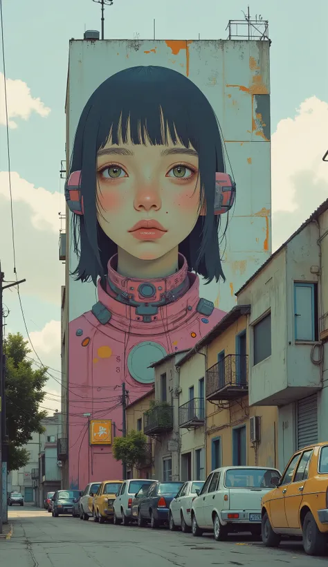 cars are parked in the parking lot in front of a building with a mural on the side, By Telemaco Signorini, By Telemaco Signorini, broadcast, Street Art,  Antonio Saura , painted on a giant wall, by Agnolo Gaddi Masolino, Street Art:2, Street Art, By Telema...