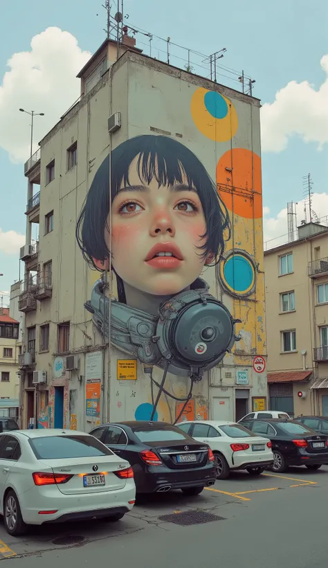 cars are parked in the parking lot in front of a building with a mural on the side, By Telemaco Signorini, By Telemaco Signorini, broadcast, Street Art,  Antonio Saura , painted on a giant wall, by Agnolo Gaddi Masolino, Street Art:2, Street Art, By Telema...