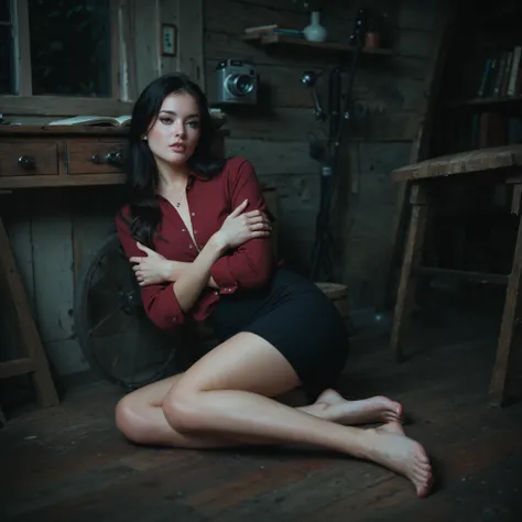 A European girl，in a dark, dilapidated wooden house，Sexy Side Lying Position，hold your chest with both hands，looks at the camera，Interior at night，long black hair，Shabby Red Shirt Top，in a tight black skirt，Barefoot，sits on the ground，Pitiful，shivering，