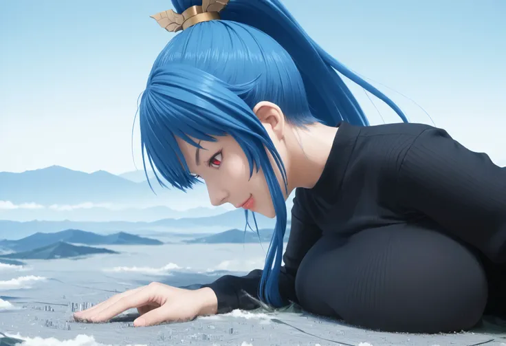 score_9, score_8_up, score_7_up, source_anime, macro,1girl,landscape,solo, pov, busty, thick body, goddess, curvy, sky, on bed,crawling,side view,smirk,full-body view, looking down while squeezing her breast lustfully, Meiya, smirking, long hair, high pony...
