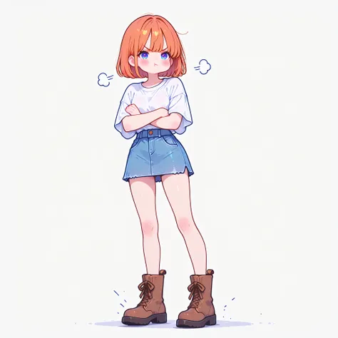 bob hair, orange hair, blue eyes, white loose T-shirt, denim skirt, brown boots, masterpiece, best quality, ultra detailed, high resolution, intricate details, sharp focus, smooth shading, professional lighting, clean lineart, anatomically correct, beautif...