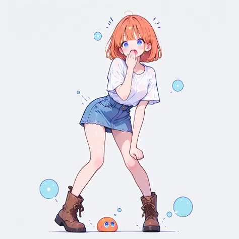 bob hair, orange hair, blue eyes, white loose T-shirt, denim skirt, brown boots, masterpiece, best quality, ultra detailed, high resolution, intricate details, sharp focus, smooth shading, professional lighting, clean lineart, anatomically correct, beautif...