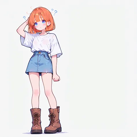 bob hair, orange hair, blue eyes, white loose T-shirt, denim skirt, brown boots, masterpiece, best quality, ultra detailed, high resolution, intricate details, sharp focus, smooth shading, professional lighting, clean lineart, anatomically correct, beautif...
