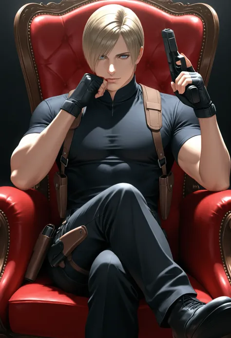 leon_s._kennedy_(resident_evil), 1boy, blonde hair, blue eyes, black gloves, black pants, black shirt, black shoes, chair, closed mouth, crossed legs, fingerless gloves, fullbody, hand on own face, hand up, high collar, holding gun, holster, holstered, lig...