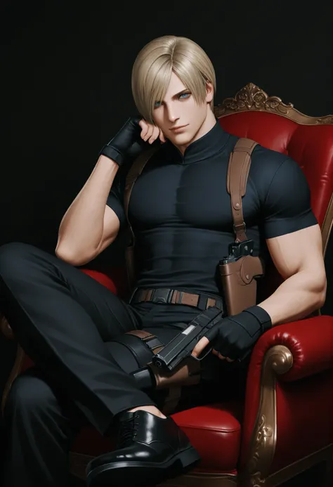 leon_s._kennedy_(resident_evil), 1boy, blonde hair, blue eyes, black gloves, black pants, black shirt, black shoes, chair, closed mouth, crossed legs, fingerless gloves, fullbody, hand on own face, hand up, high collar, holding gun, holster, holstered, lig...