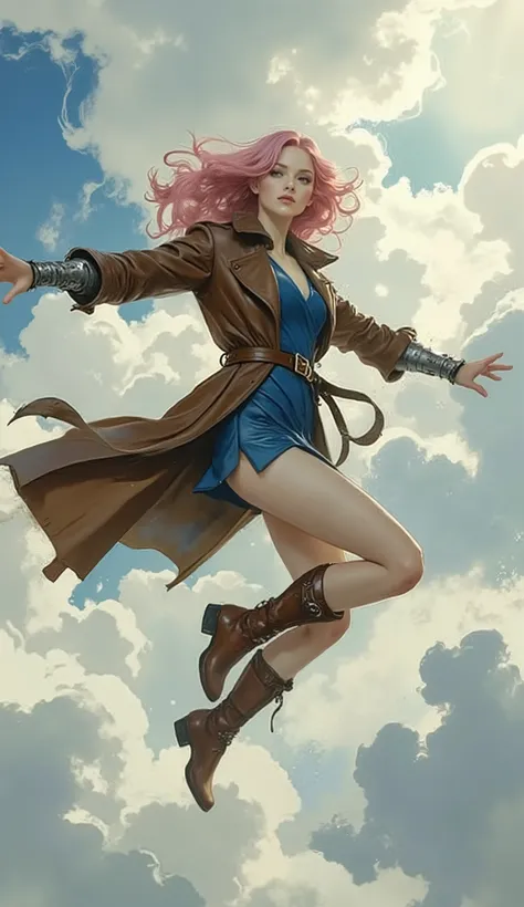 Masterpiece, award-winning, imaginative realism. A stunning young woman, an ethereal fantasy-western ranger, leaping and soaring with elegant power through an ethereal expanse of swirling, volumetric clouds and mist.
Her face, a delicate oval, features fla...