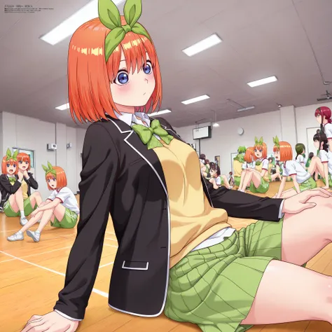 1girl,unwellness aayotsuba, short hair, orange hair,hair ribbon, green ribbon, hairband, green bow, green bow hairband, black blazer, open blazer, yellow sweater vest, white collared shirt, bowtie, plaid bowtie, green skirt, pleated skirt,thick thighs, sit...