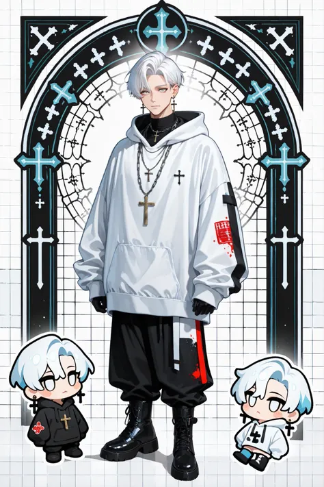Male, single, handsome, fair skin, (white_hair:1.3), (bright_white_eyes:1.3), (priest:1.2), (cross_earring_right_ear:1.3), (cross_necklace:1.3), (multiple_rings), (oversized_hoodie:1.3), (vestment_pants:1.2), (boots:1.2), (chain_necklace:1.2), (gloves), (s...