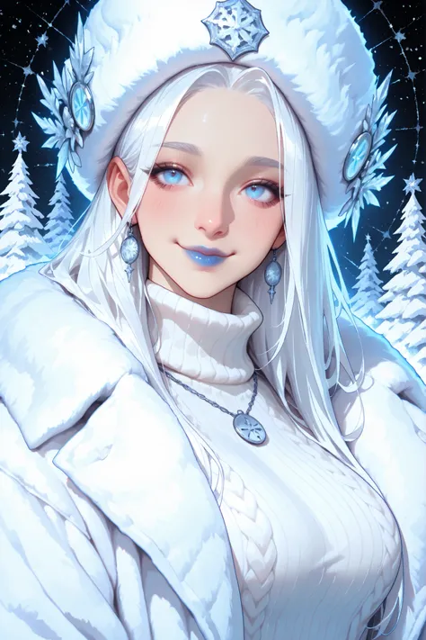masterpiece, best quality,Gothic woman, wiccan, winter background, She is wearing a white fur coat, fashionable white turtle neck sweater, white gloves, ornate winter hat, long white hair, gorgeous blue eyes, pouty red lips, cute button nose, smile, volum...