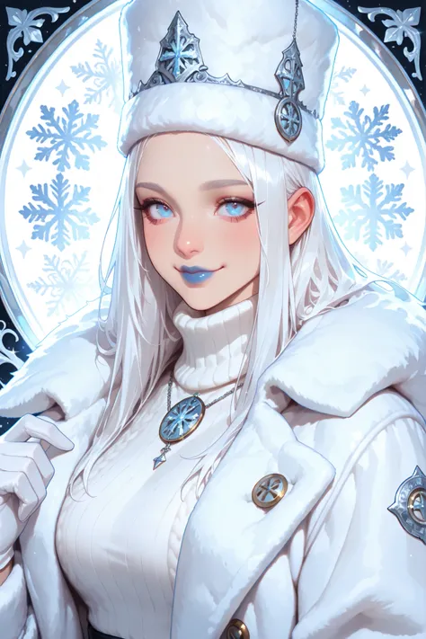 masterpiece, best quality,Gothic woman, wiccan, winter background, She is wearing a white fur coat, fashionable white turtle neck sweater, white gloves, ornate winter hat, long white hair, gorgeous blue eyes, pouty red lips, cute button nose, smile, volum...