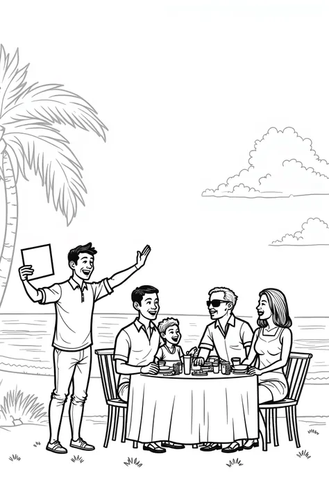 Add these changes in image more people in same line art style, more beach and restaurants details, people clapping, line art style, beautiful composition, people,