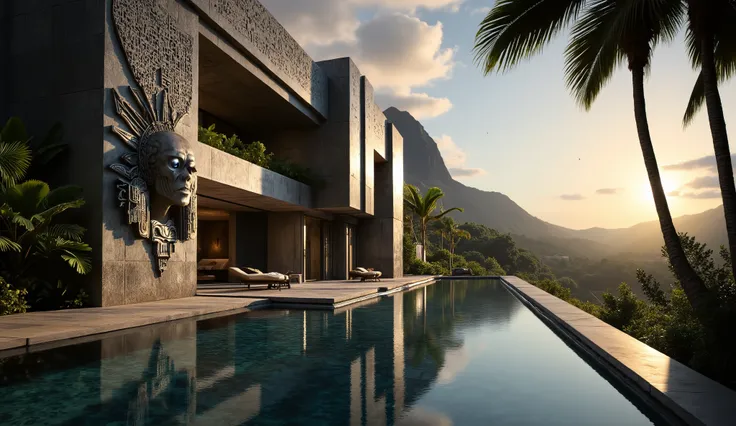 Detailed photograph of a brutalist interor luxury villa of brut4list design. in the foreground on the side of the image displaying a huge bas-relief of three TRIBALV1 mayan death goddess, skull mask, feather headdress, The light coming from the open bay op...