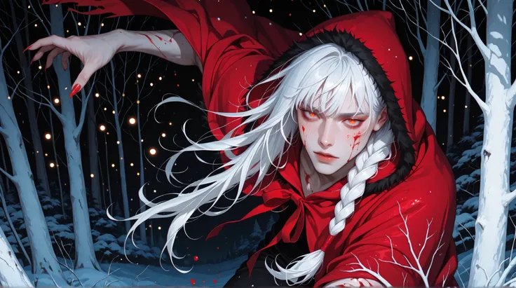 Solo, 1boy, adult male, choppy bangs, long hair, braided hair, white hair, asymmetrical_hair, voluminous hair, vibrant color, flat color, disheveled, red hooded cape, fur trim, white glow body mark, blood, long nails, blood splatter, blood on cheeks, wild,...