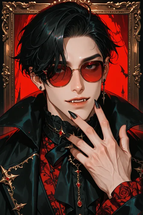1boy, adult male, digital portrait of a fashionable anime male vampire with black hair, fangs, and goth clothing; his black eyes are hidden behind red sunglasses, his nails are long and clear, his accessories are ornate and detailed, dramatic, stylized w...