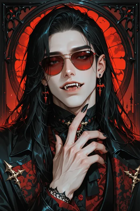1boy, adult male, digital portrait of a fashionable anime male vampire with black hair, fangs, and goth clothing; his black eyes are hidden behind red sunglasses, his nails are long and clear, his accessories are ornate and detailed, dramatic, stylized w...