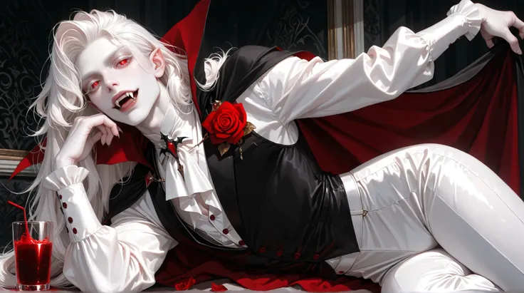 solo, 1boy, adult male,soft_color_pallet, soft_filter, warm_lighting, male_focus, attractive, ((pale skin, dark_lips, fangs)), ((white_hair, waist-length_hair, voluminous hair)), (red-rose eyes, white pupils, white eyelashes), (black red and white outfit, ...