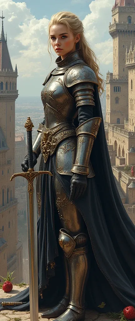 (8k、Highest quality、masterpiece:1.2)、(Highest quality:1.0)、(super high resolution:1.0)、 Model Shooting Style 、Vivid medieval Europe(high-definition CG unity 8k wallpaper)、full-body photos of the world's most beautiful works of art、 medieval armor、holding Swords、 facial details 、complex cityscape images、High detail、sharp concentration、Dramatic、Realistic painting art、super precise、young girl、staring at viewers、( slim、 fit))、