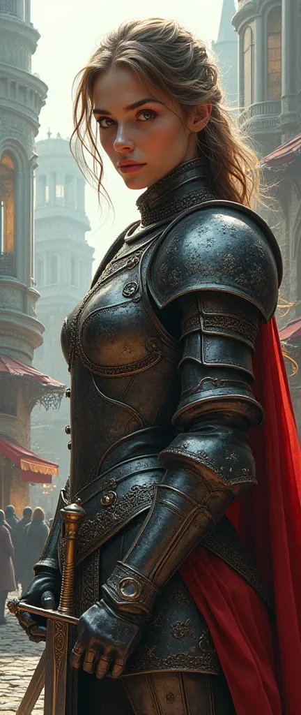 (8k、Highest quality、masterpiece:1.2)、(Highest quality:1.0)、(super high resolution:1.0)、 Model Shooting Style 、Vivid medieval Europe(high-definition CG unity 8k wallpaper)、full-body photos of the world's most beautiful works of art、 medieval armor、holding Swords、 facial details 、complex cityscape images、High detail、sharp concentration、Dramatic、Realistic painting art、super precise、young girl、staring at viewers、( slim、 fit))、