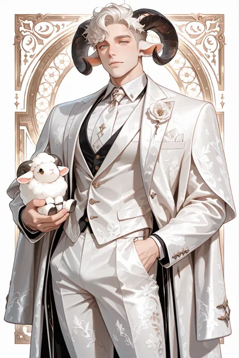1guy, male sheep anthro, white wool, opulent white suit, ornate white pants, chibi lamb, masterpiece, best quality, amazing quality, hyper-detailed, newest, very aesthetic