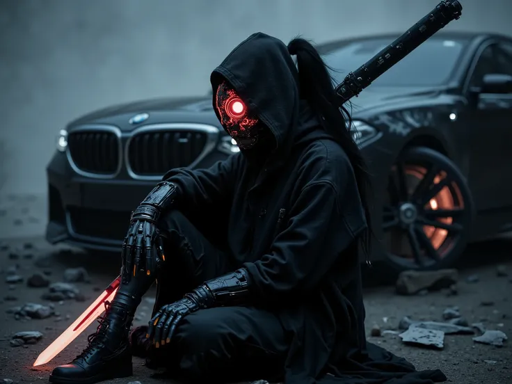 sinister mechanical creature women with a faceless reaper mask, black large hair in ponytail, hold large mechanical neon sword, sits on the ground near the futuristic black BMW, close-up, in a torn robe, exoskeleton body armor, neon spine, mechanical arms,...