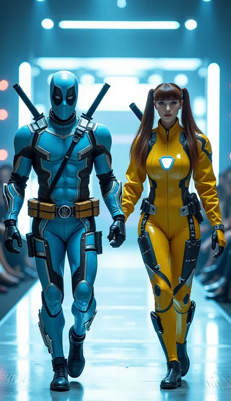 character: 1 man with mask full head wearing futuristic light blue Deadpool body suit with silver armor futuristic blue accents , and 1 woman brown hair Long with two ponytail Bangs Wearing futuristic yellow ironman body suit with yellow armor futuristic ...