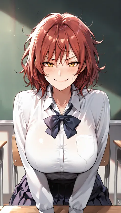 SOLO,Modern Backgrounds,A female with slim body(older girl),yellow eyes,medium oppai,shiny skin,(Wearing A loose JK skirt),(White school uniform),Sitting in Classroom,Arrogant sitting position,(Red hair,Short hair,Messy Hair),(Smug),slightly tilted forward...