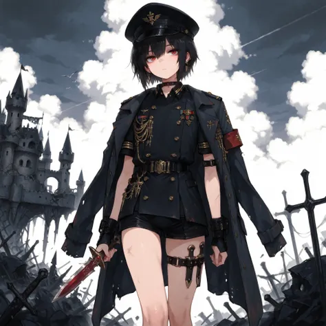 ((Best Quality)), ((masterpieces)), (detailed), Perfect Face, SOLO, ((femboy)), tomgirl, ANIME, beautiful detailed eyes, BOB hair, BOBed hair, black hair, RED EYES, BARE thighs, (((BARE LEG))), ((BLACK short pants)), ((dress shirt)), ((Flat chest)), Choker...