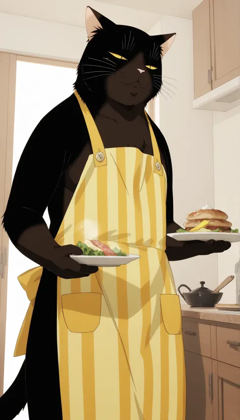 score_9, score_8_up, score_7_up, source_furry, rating_explicit, yukichi, feline, black cat, black fur, two tone body, striped apron, yellow apron, solo, yellow sclera, slit pupils, small pupils, whiskers, Hand held plate, Fish dishes, Gorgeous food lined u...