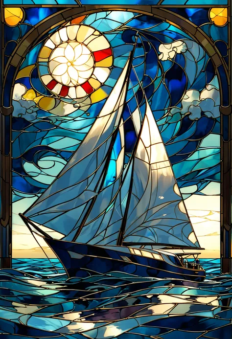stained glass　Yacht floating in the ocean