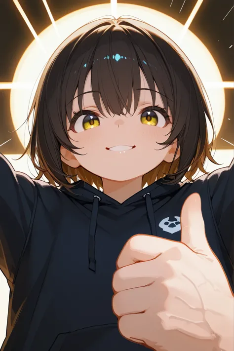 1girl, chibi, round face, short hair, Big expressive eyes ,,mischievous smile,  proud expression, Energetic Poses, Thumbs up with both hands, Thumbs up with both hands, outstretched arms towards the viewer, stares at viewers, Cheerful Look, BREAK, simple b...