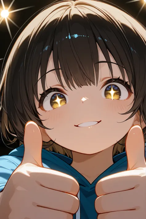 1girl, chibi, round face, short hair, Big expressive eyes ,,mischievous smile,  proud expression, Energetic Poses, Thumbs up with both hands, Thumbs up with both hands, outstretched arms towards the viewer, stares at viewers, Cheerful Look, BREAK, simple b...