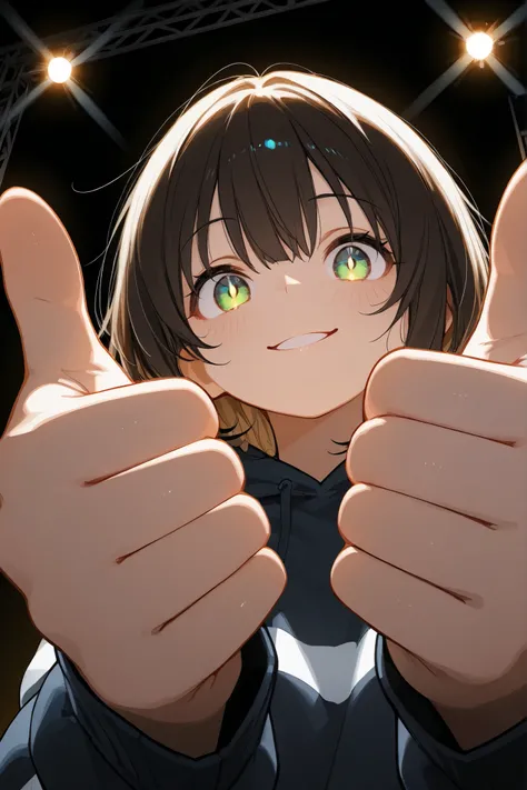 1girl, chibi, round face, short hair, Big expressive eyes ,,mischievous smile,  proud expression, Energetic Poses, Thumbs up with both hands, Thumbs up with both hands, outstretched arms towards the viewer, stares at viewers, Cheerful Look, BREAK, simple b...