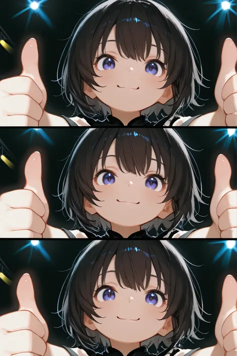 1girl, chibi, round face, short hair, Big expressive eyes ,,mischievous smile,  proud expression, Energetic Poses, Thumbs up with both hands, Thumbs up with both hands, outstretched arms towards the viewer, stares at viewers, Cheerful Look, BREAK, simple b...
