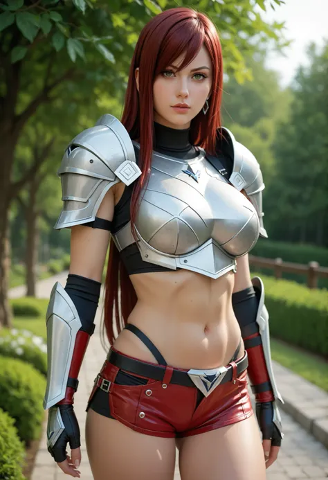 8k ultra hd, anime style, Incredible details,  masterpiece, erza scarlet, red hair, big breasts,  chest armor , stomach, short shorts 