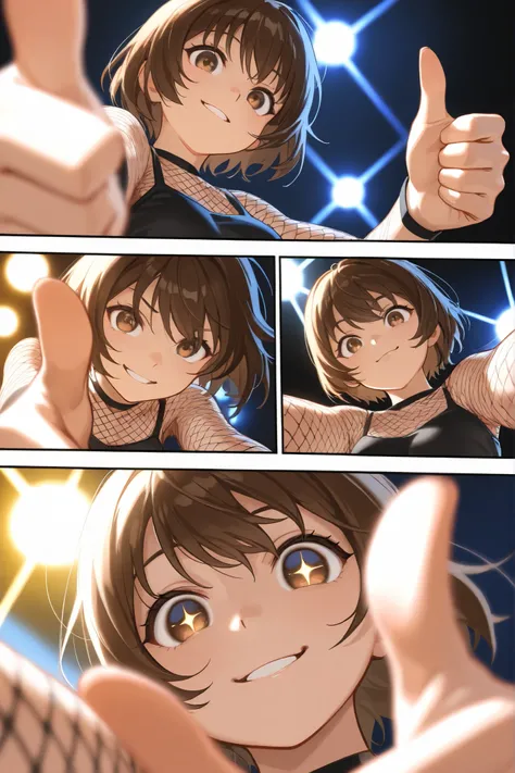 1girl, chibi, round face, short hair, Big expressive eyes ,,mischievous smile,  proud expression, Energetic Poses, Thumbs up with both hands, Thumbs up with both hands, outstretched arms towards the viewer, stares at viewers, Cheerful Look, BREAK, simple b...