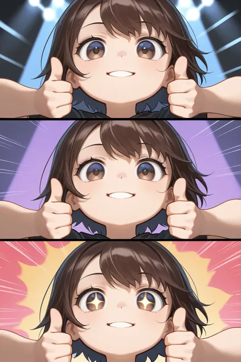 1girl, chibi, round face, short hair, Big expressive eyes ,,mischievous smile,  proud expression, Energetic Poses, Thumbs up with both hands, Thumbs up with both hands, outstretched arms towards the viewer, stares at viewers, Cheerful Look, BREAK, simple b...